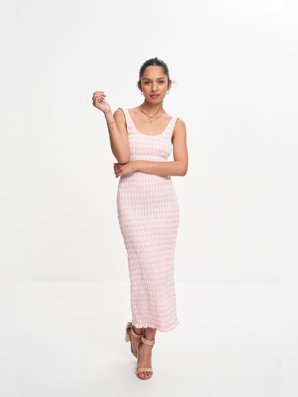 RUBY KLEIN GINGHAM MIDI DRESS Size 4 US PINK WHITE